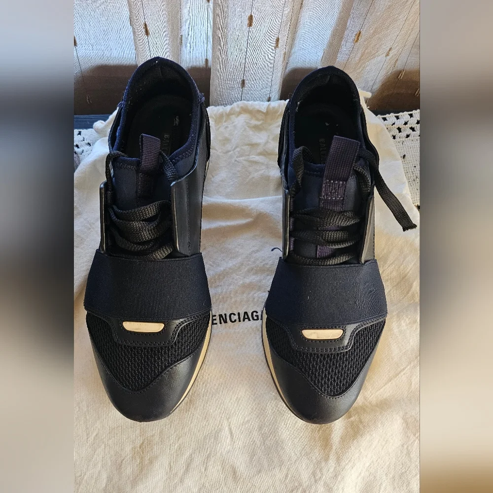 Balenciaga Blue Leather and Neoprene Race Runner Sneakers Size 36 - Picture 1 of 12